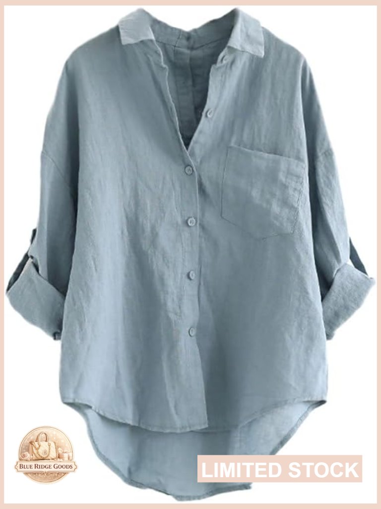 Linen Blouse High Low Shirt Roll-Up Sleeve Loose Fit Button Down Top